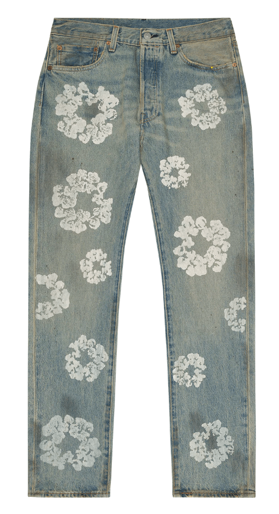Denim Tears Dirty Wash Wreath 501 Light Wash – YankeeKicks Denim Tears Dirty Wash Wreath 501 Light Wash – YankeeKicks