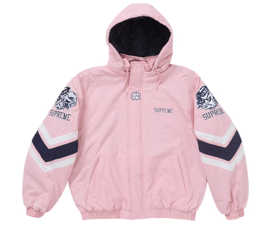 Supreme Mitchell & Ness NCAA Hooded Stadium Jacket Pink Supreme Mitchell & Ness NCAA Hooded Stadium Jacket Pink